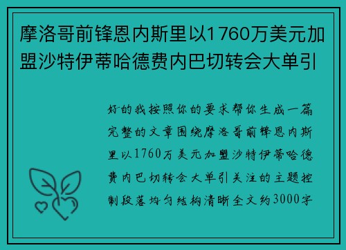 摩洛哥前锋恩内斯里以1760万美元加盟沙特伊蒂哈德费内巴切转会大单引关注
